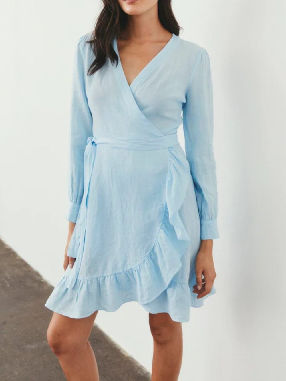 PART TWO Sol Linen Wrap Long Sleeve Dress in Crystal Blue